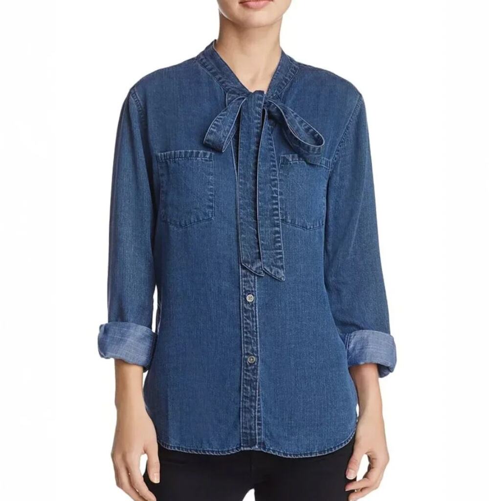 Rails Rosalee Tie-Neck Chambray Shirt Womens S Western Chic Boho Casual Office